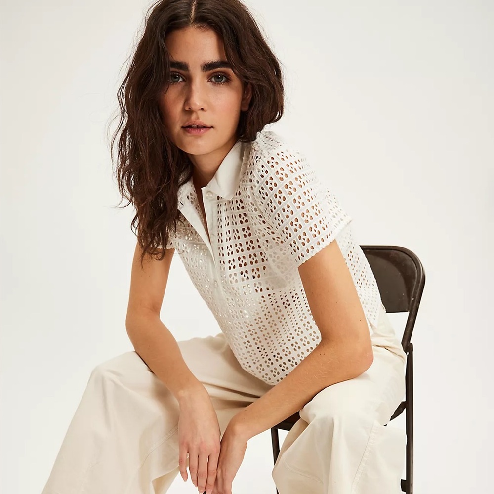 next White Eyelet Crochet Polo Top